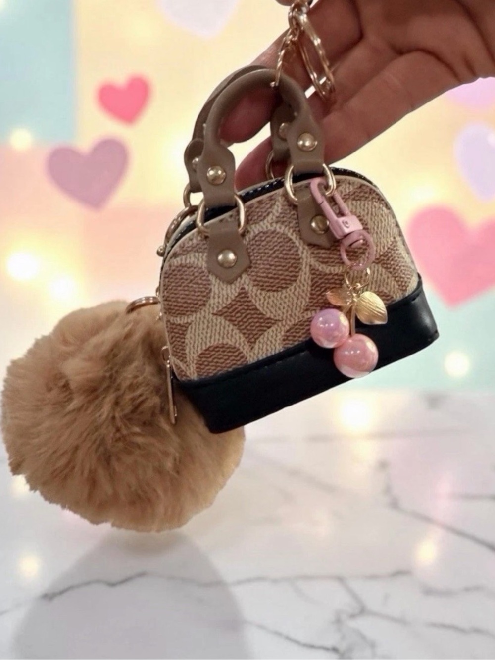 Mini Purse Bag Charm Keychain Cherry Charm Pom Pom| Chic Fashion Accessory - NEW